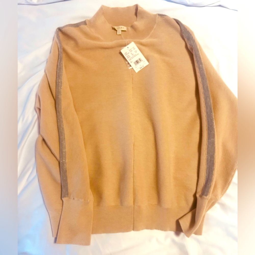 NWT Laura Camel Turtleneck Sweater with soft silver sparkly stripe down the arms